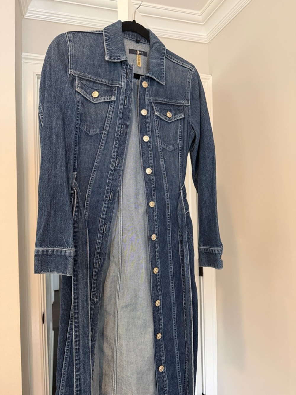 7 For All Mankind Denim Maxi Dress Jacket in Dark Blue